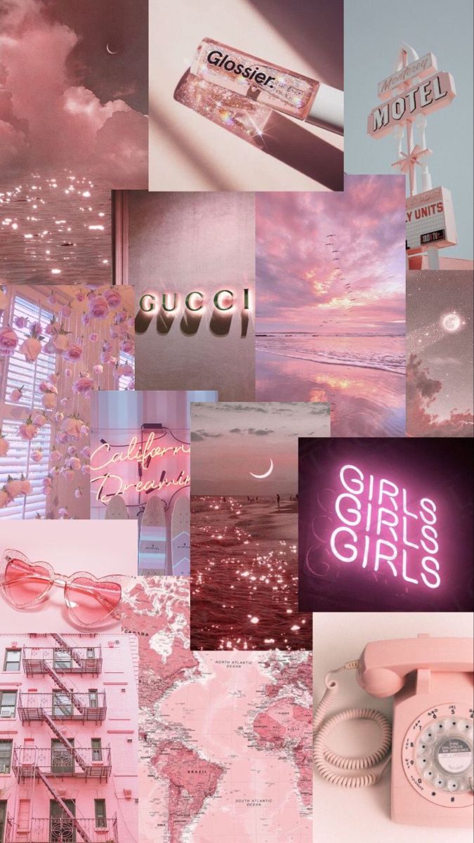 A collage of pictures with pink and purple - Gucci