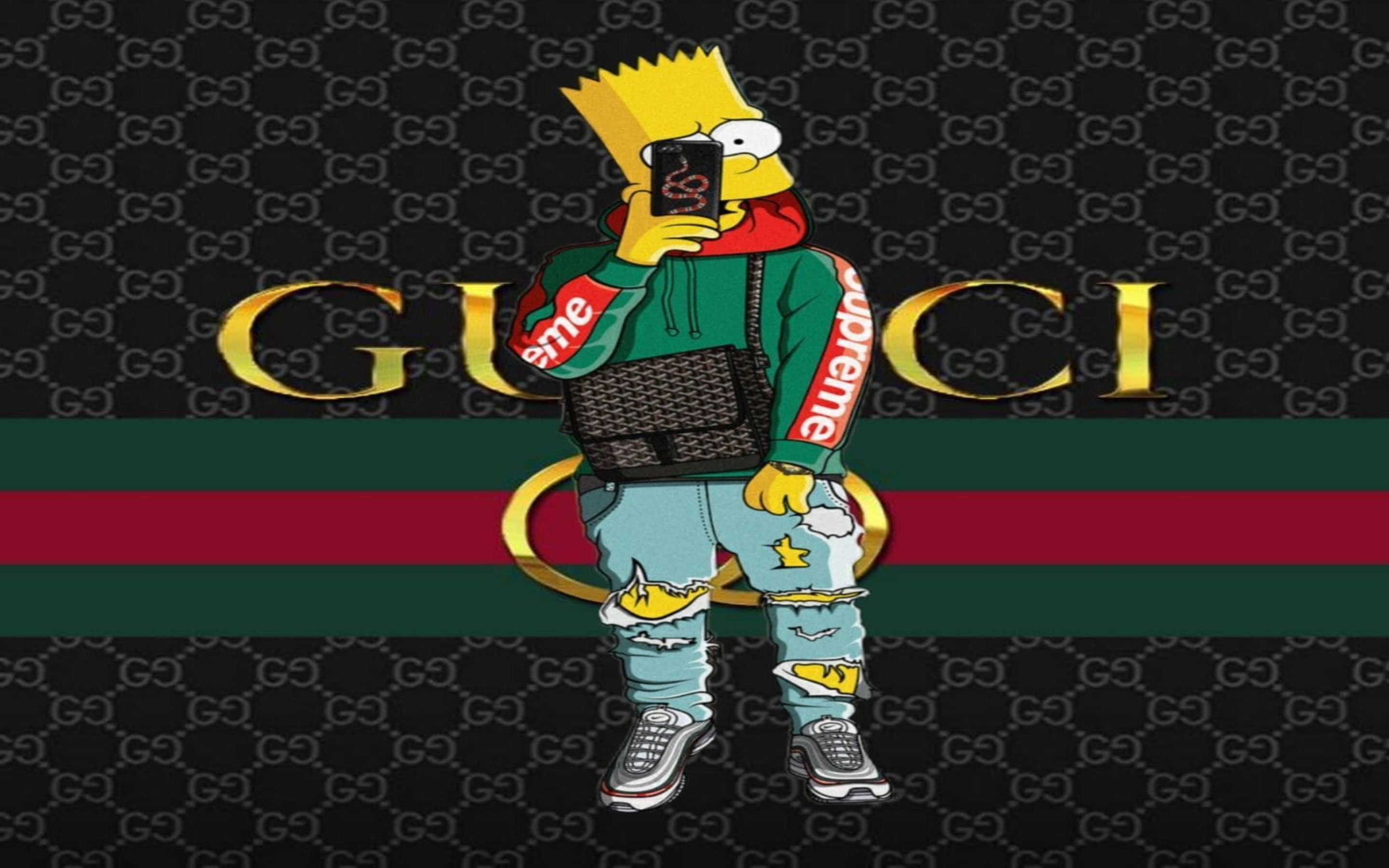 Gucci wallpaper featuring Bart Simpson wearing a green supreme hoodie and holding a Gucci bag. - Gucci