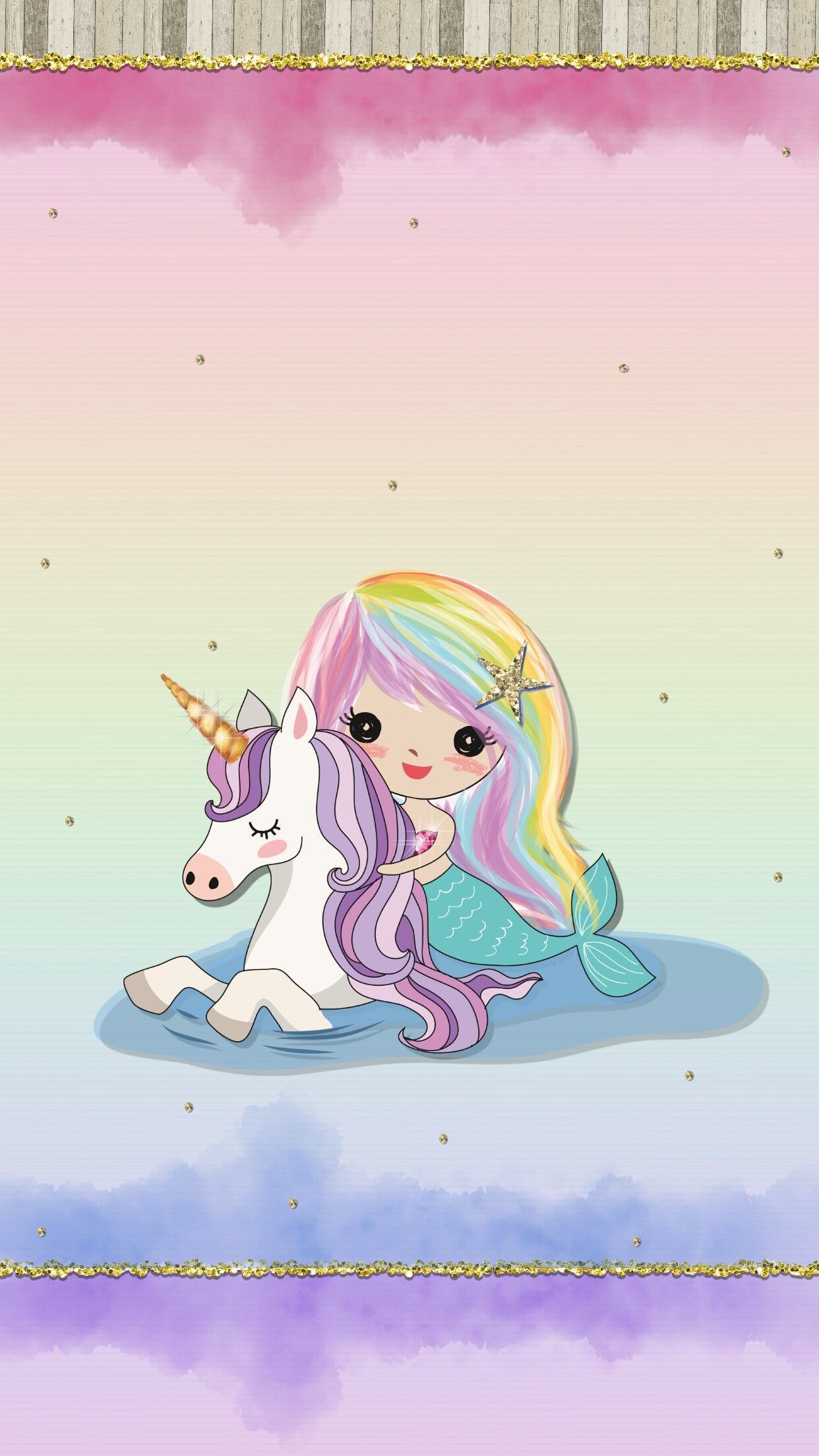 A mermaid and unicorn sitting on a rainbow background - Mermaid