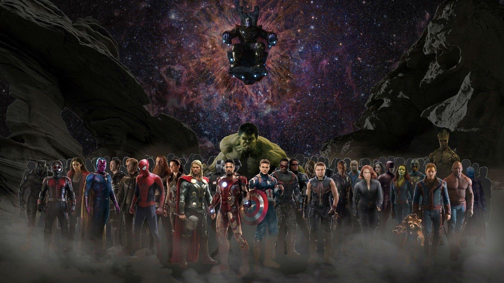 The Avengers: Endgame cast stands in front of a cosmic background - Avengers