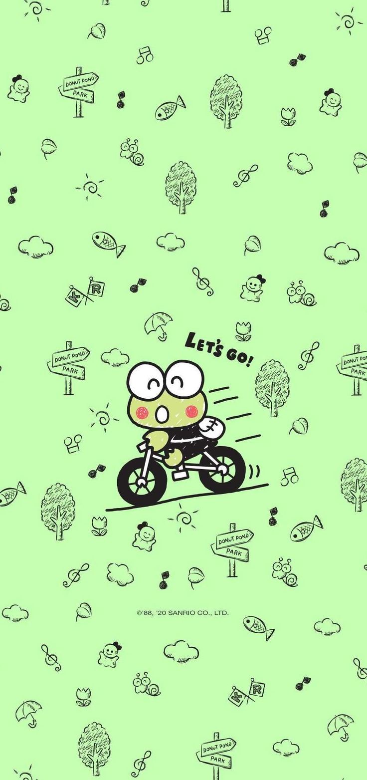 A green background with cartoon characters on it - Keroppi