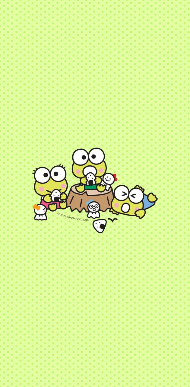 Keroppi and friends on a green background - Keroppi