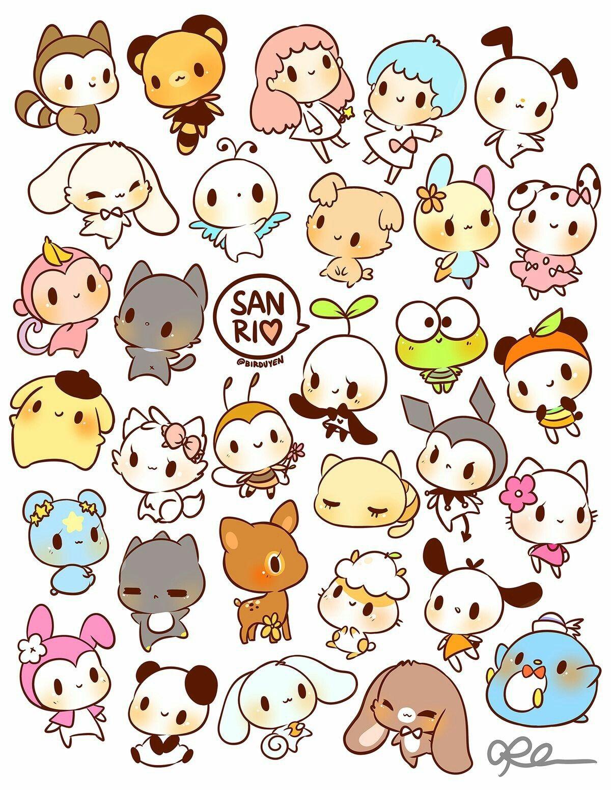 A drawing of many different Sanrio characters. - Keroppi