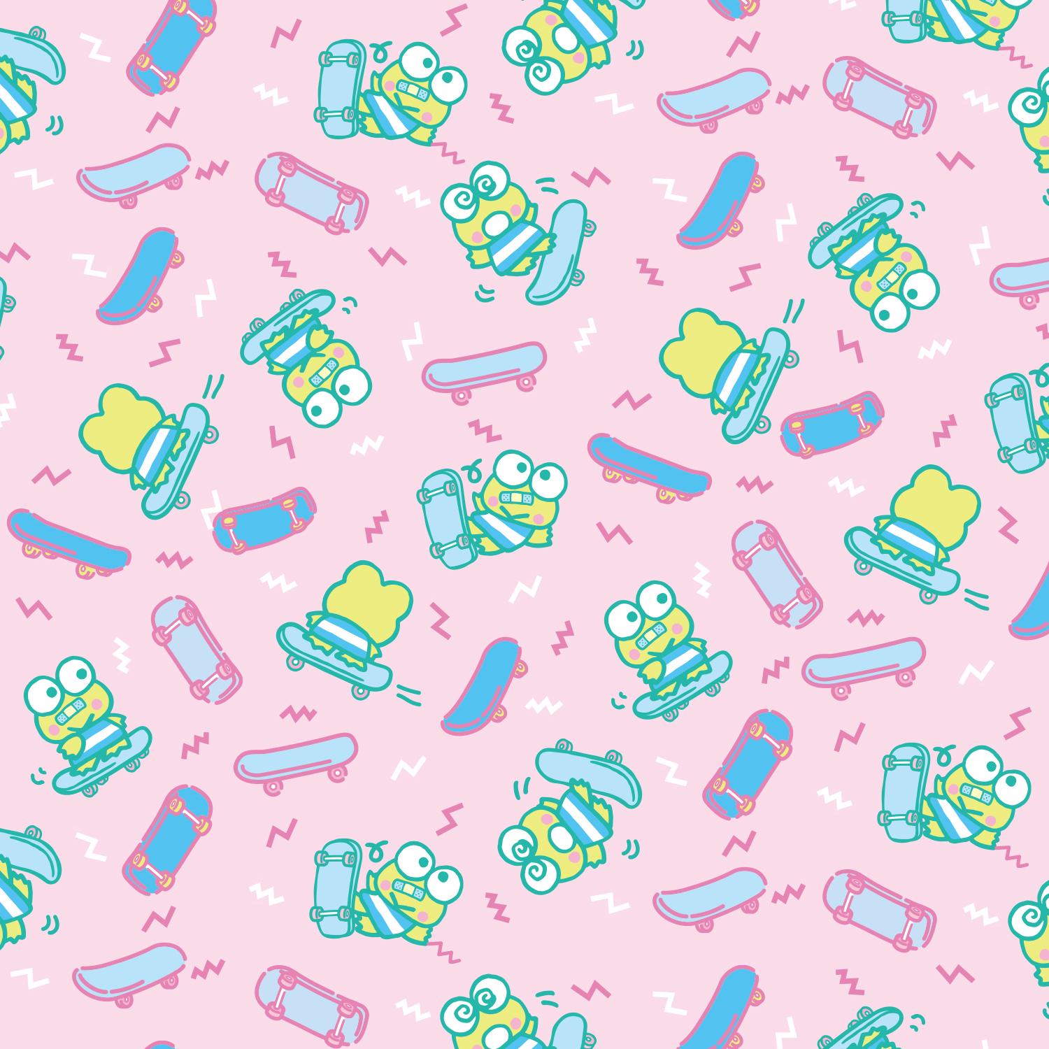 A repeating pattern of cartoon characters and skateboards on a pink background - Keroppi