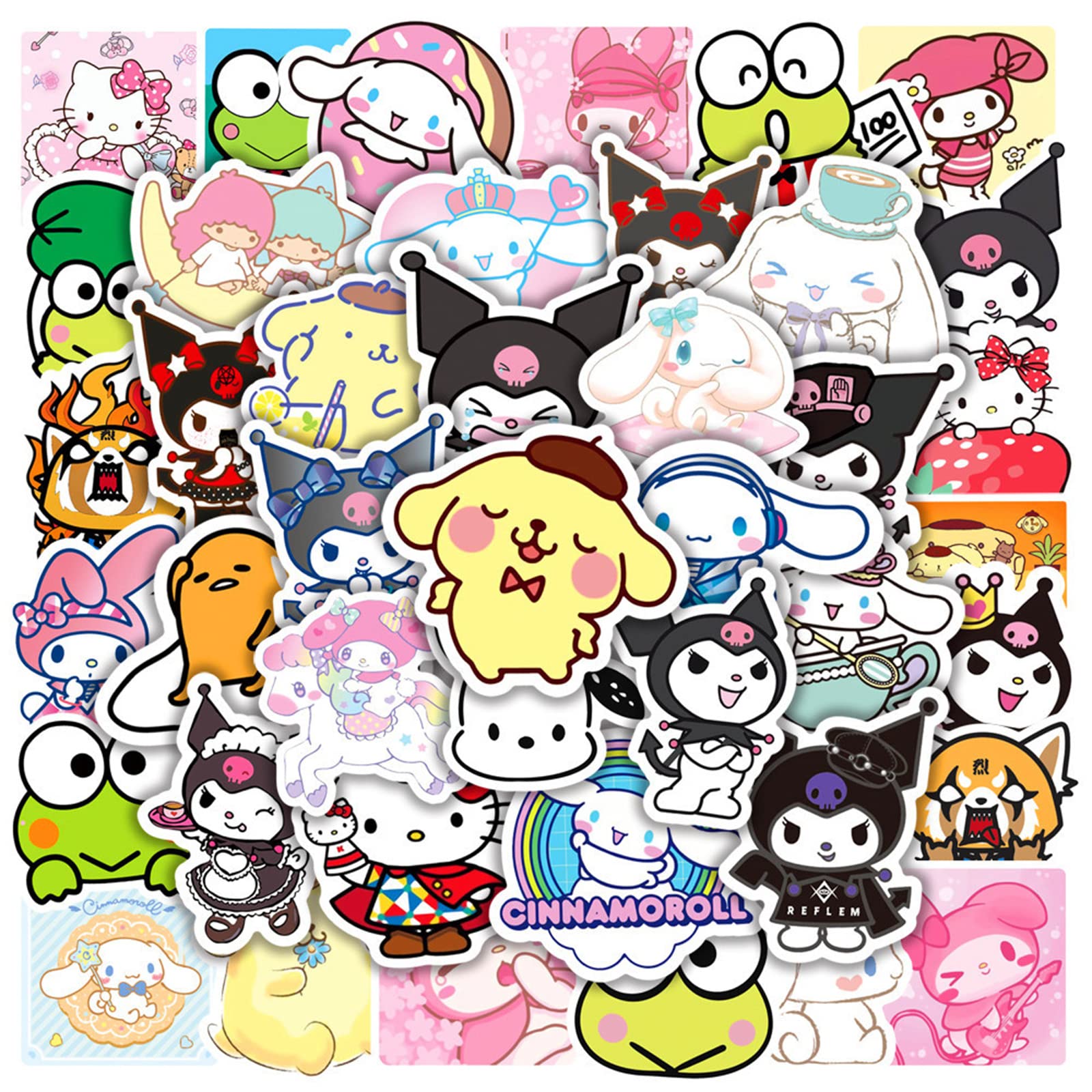 A collection of stickers with various characters - Cinnamoroll, Keroppi