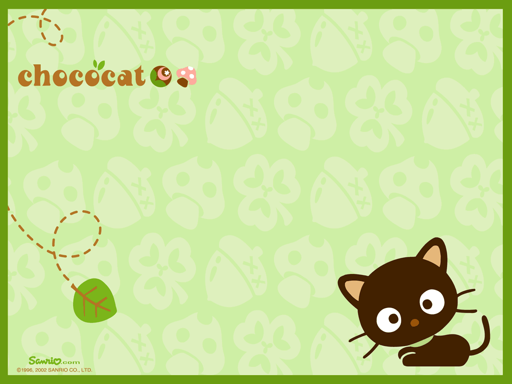 A green background with a brown cat on the bottom right corner. - Keroppi