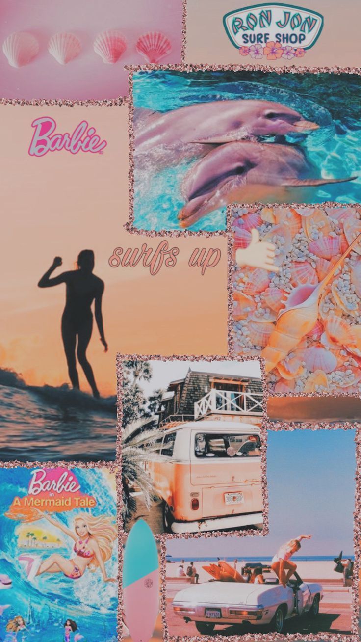 A collage of surfing Barbie images, including a van, surfboard, and dolphin. - Mermaid, Barbie