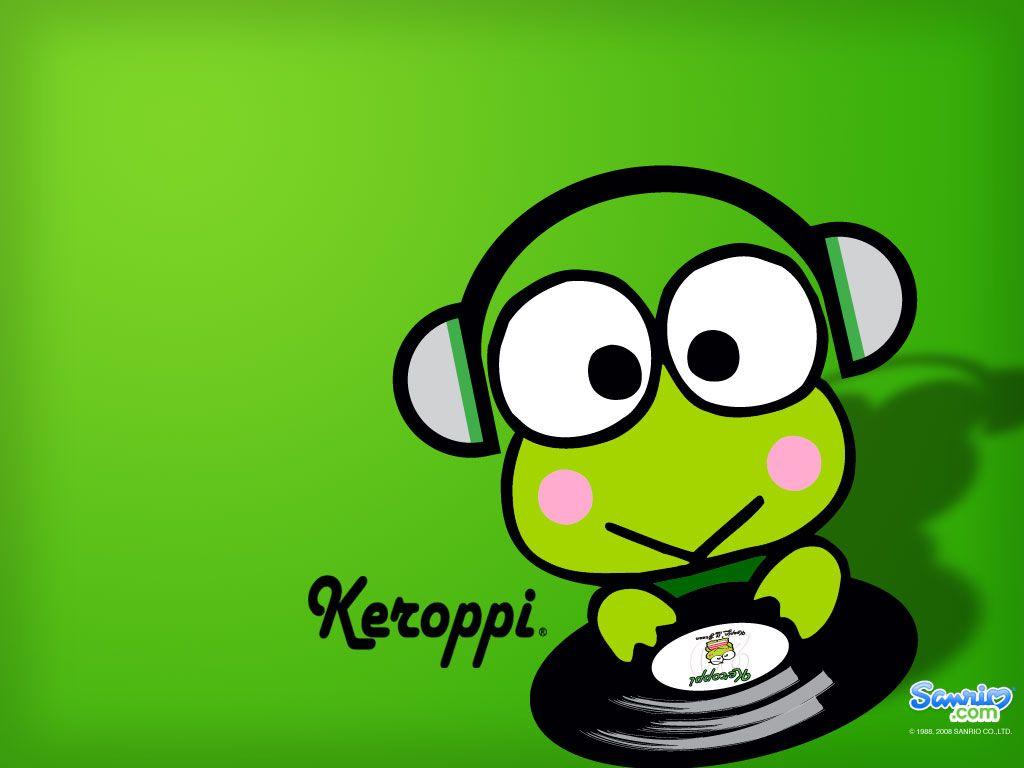 A green frog with headphones and the word kepripi - Keroppi