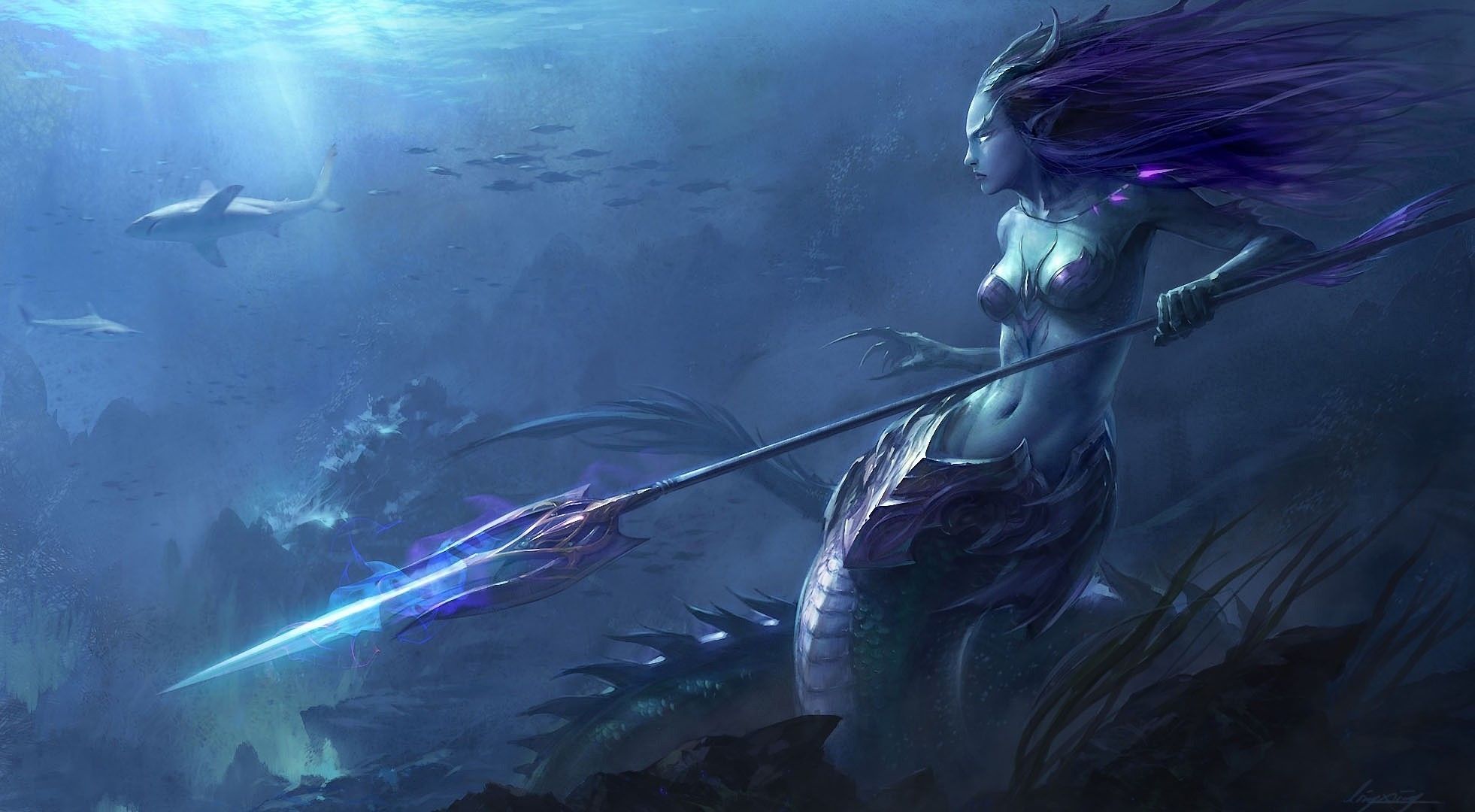 A mermaid holding an axe and standing in the water - Mermaid
