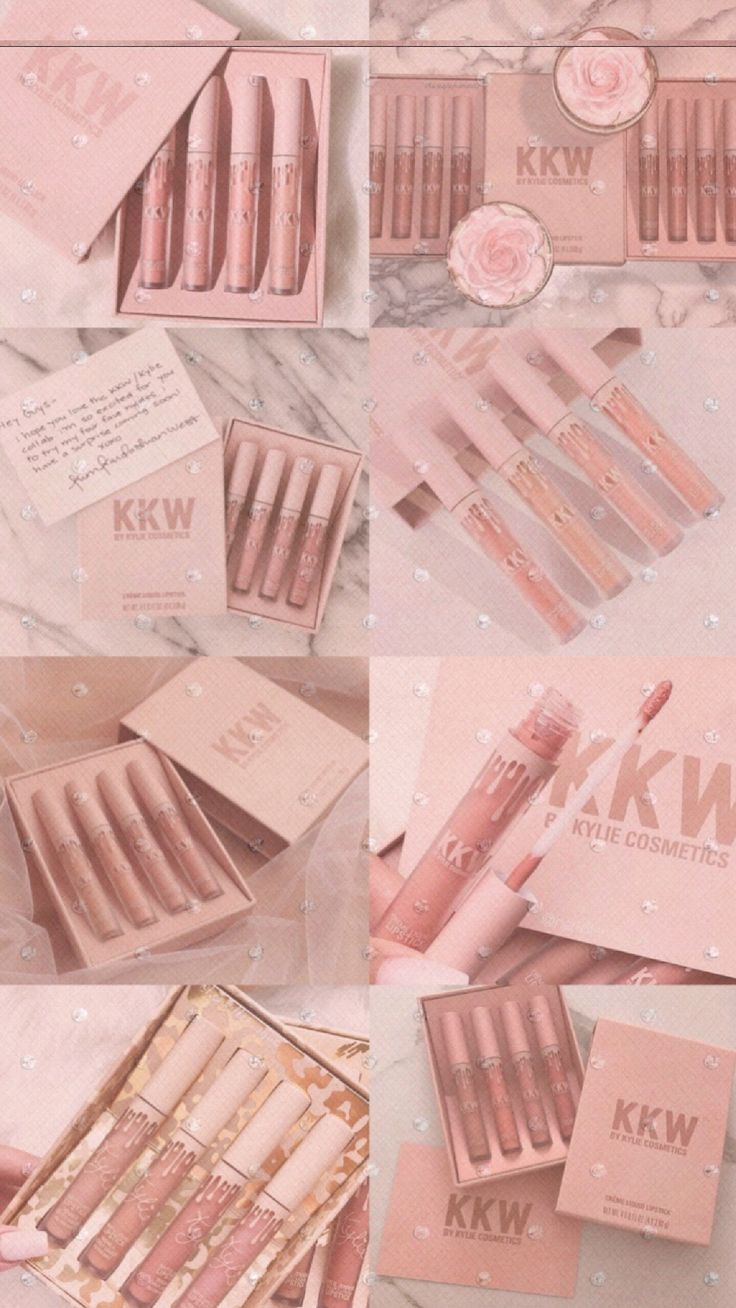 A collage of images of the Kylie Jenner makeup line KKW - Makeup