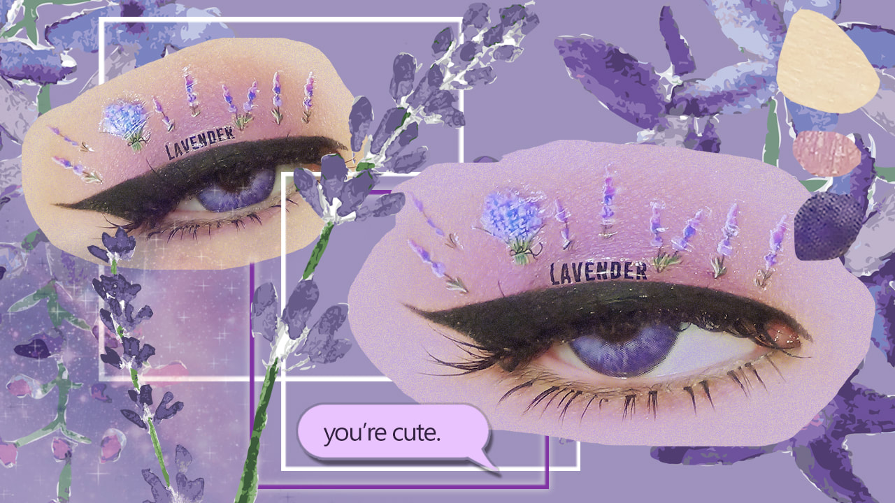 A picture of two eyes with purple flowers - Makeup