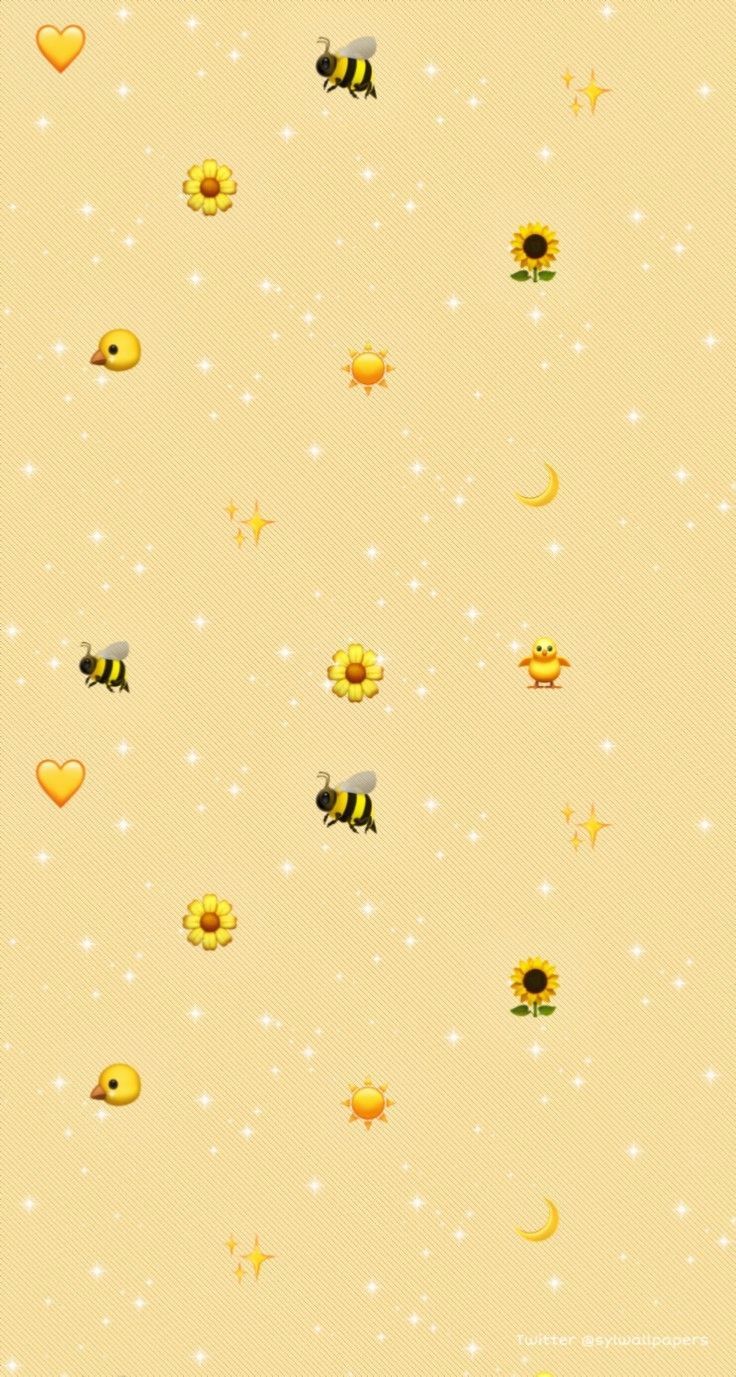 Aesthetic phone background with emojis of bees, sunflowers, stars, and hearts. - Light yellow
