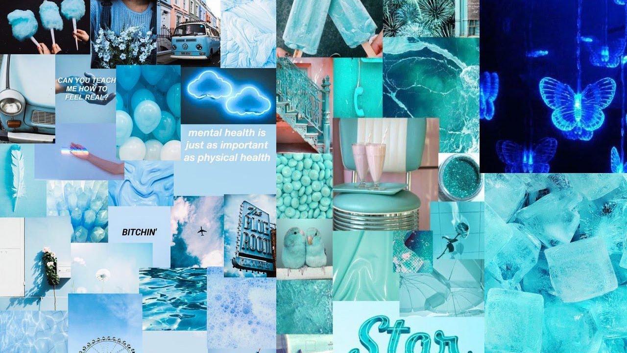 A collage of blue and white images - Blue
