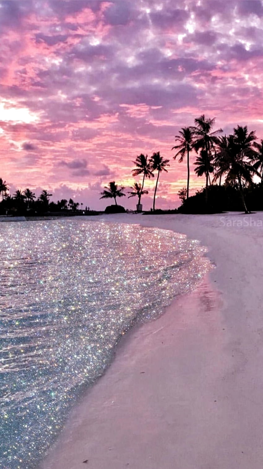 A beach with palm trees and pink sky - Beach, beautiful, nature