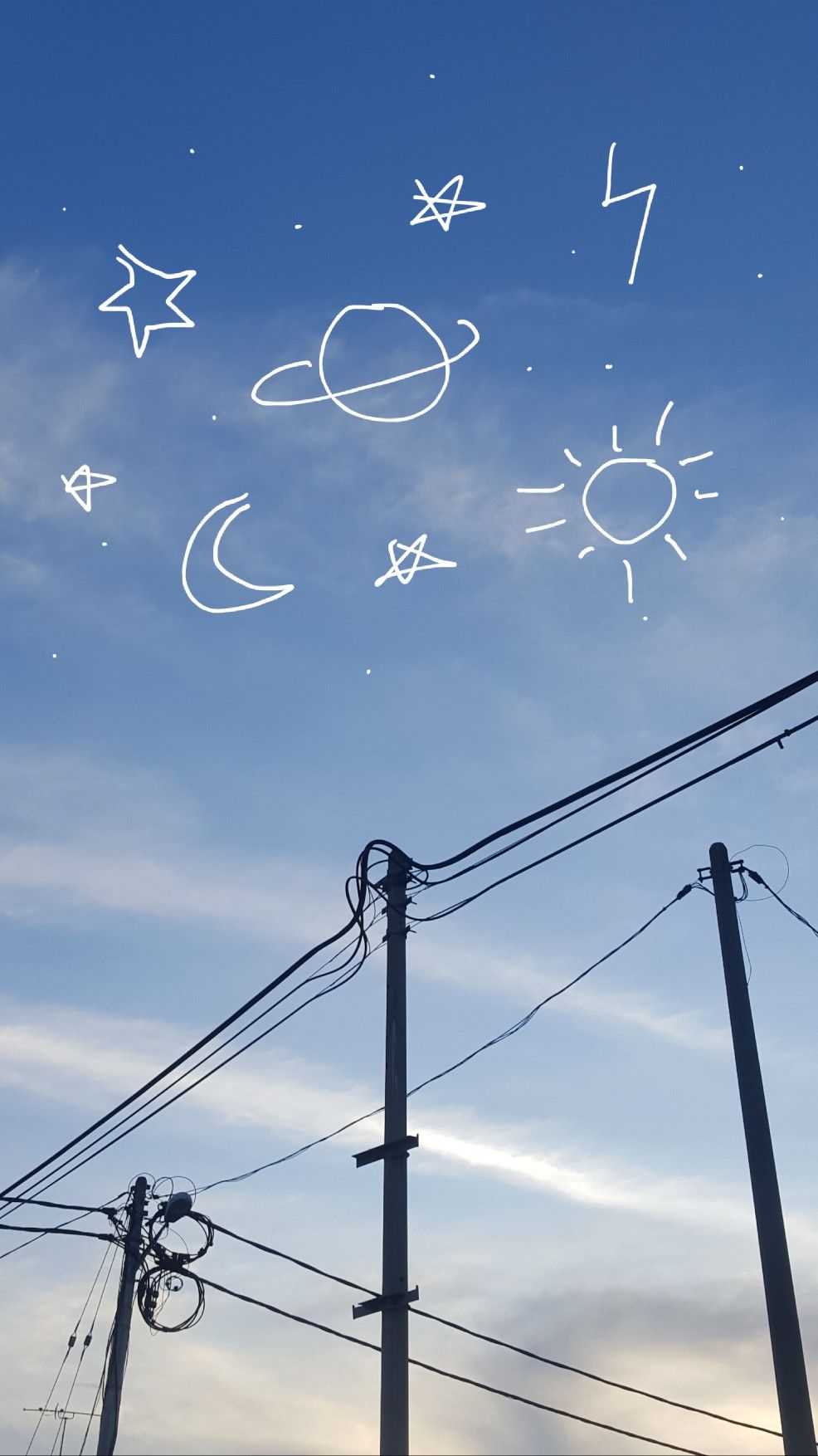 A photo of a blue sky with white clouds and electric wires. - Grunge