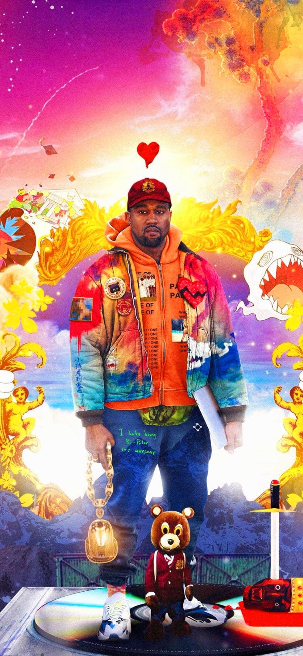 A man in an orange jacket and blue jeans - Kanye West