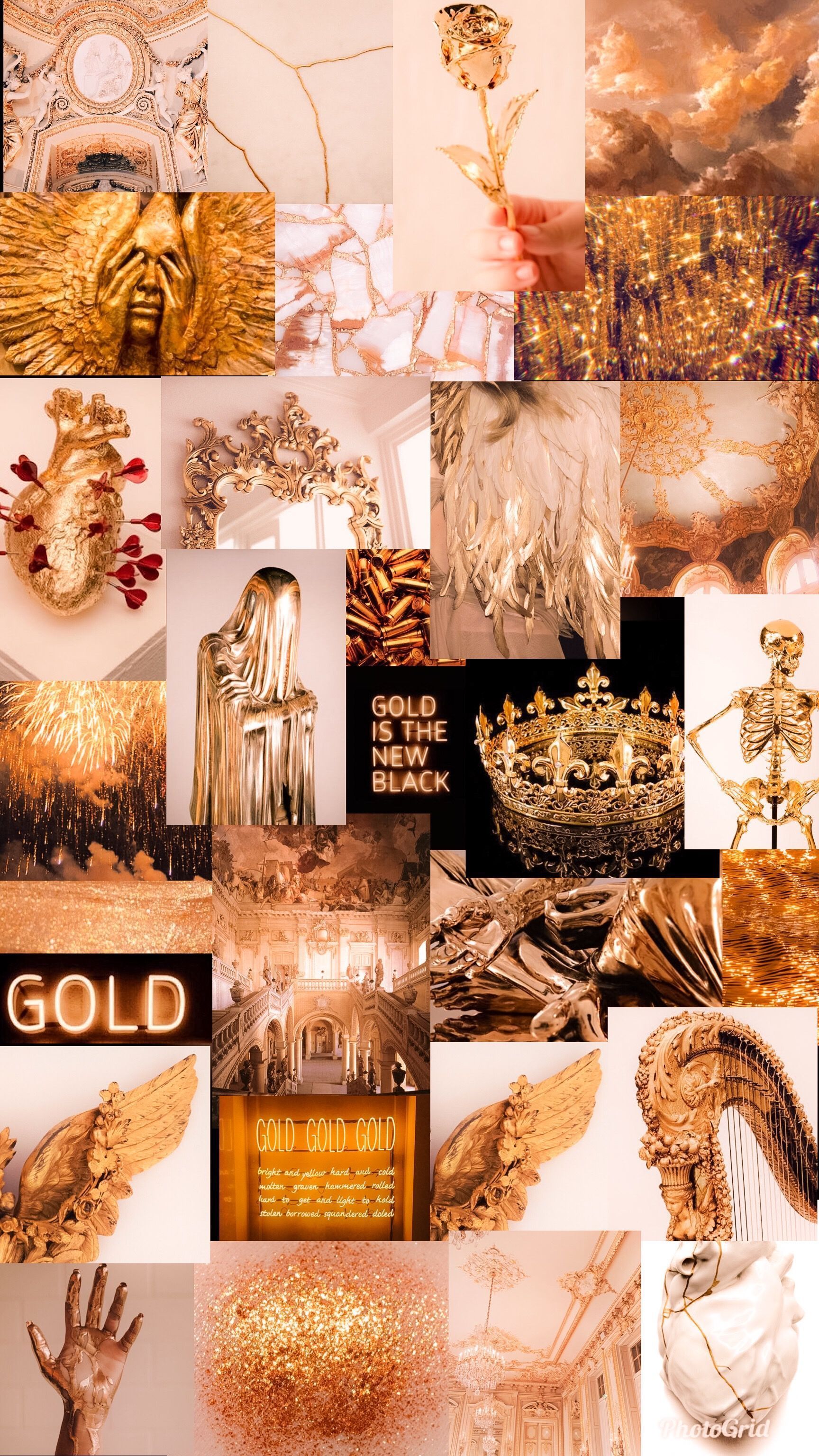 A collage of gold items and other things - Pastel yellow, light yellow