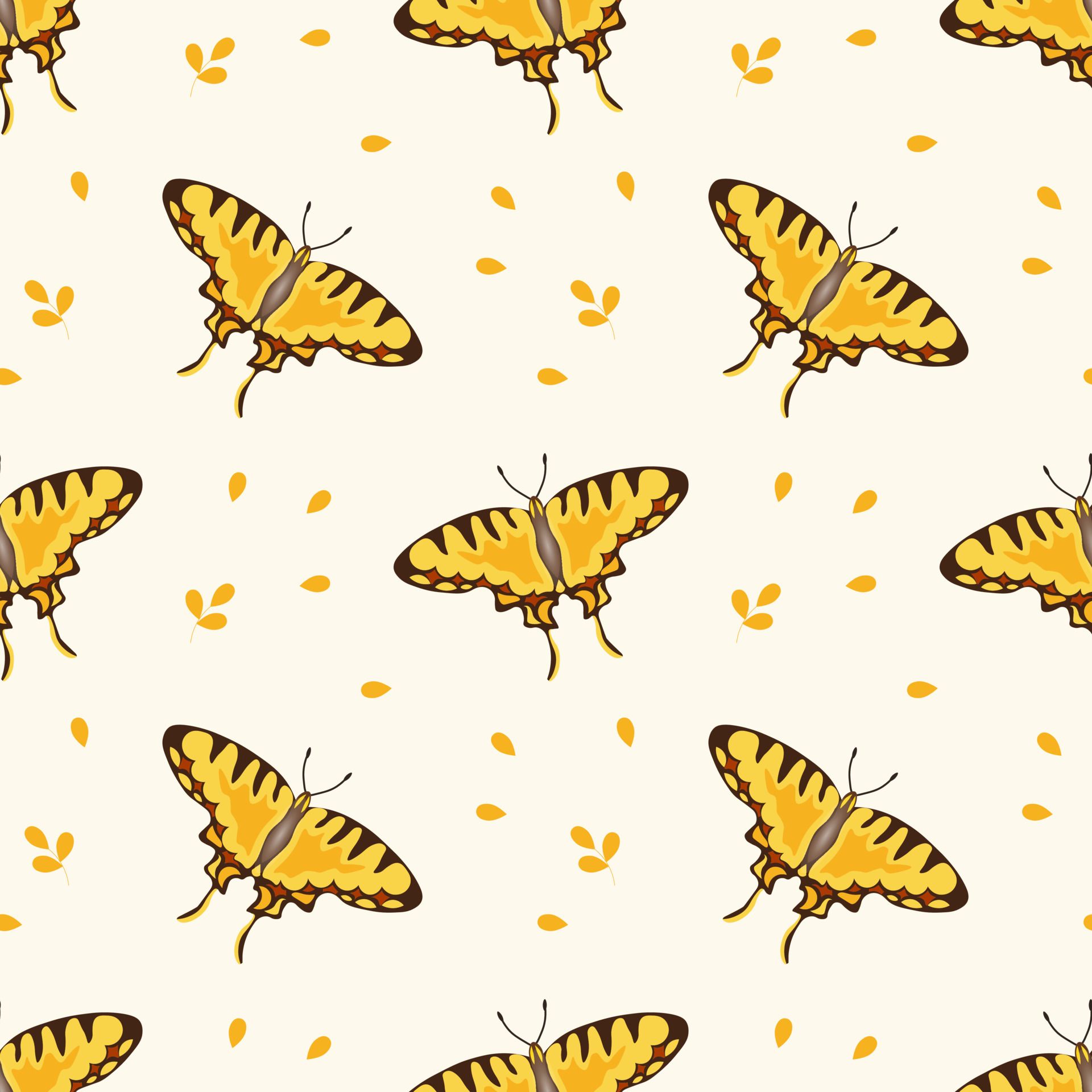Yellow butterflies and leaves on a light background. Print, background, textile, vector