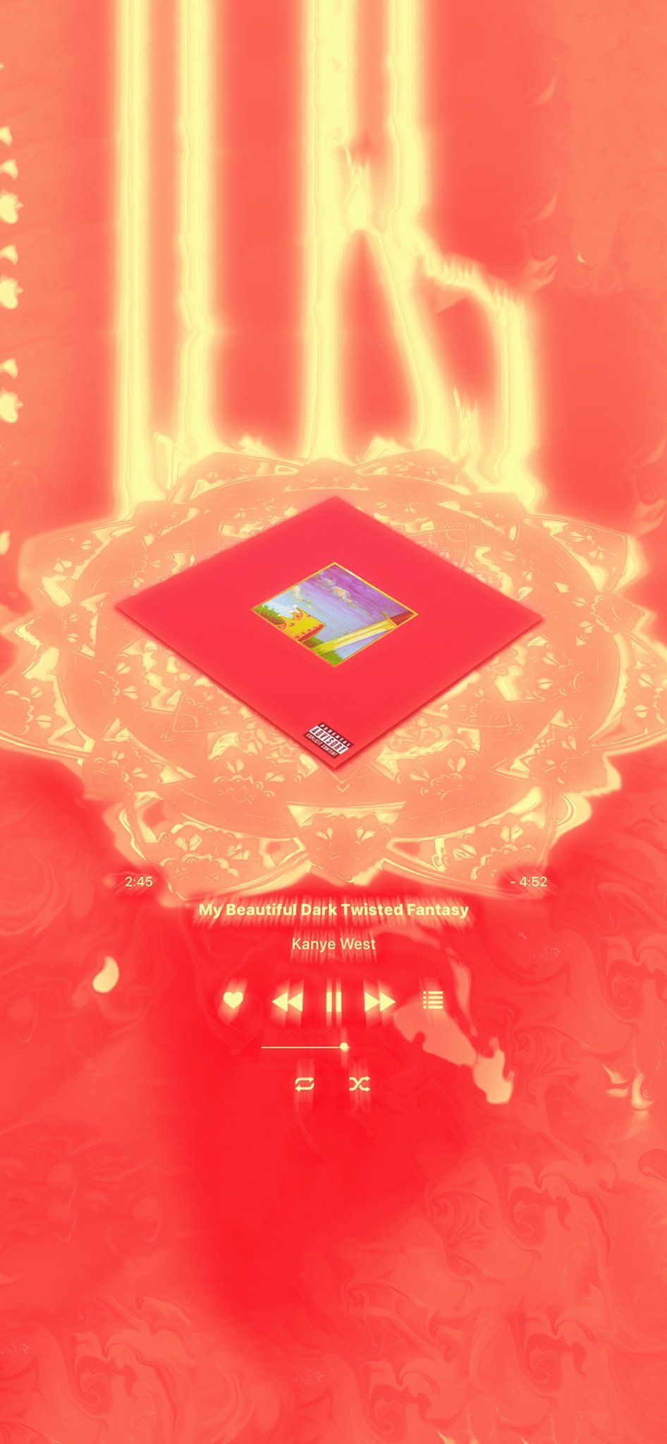 A phone screen displays the album cover of Kanye West's 