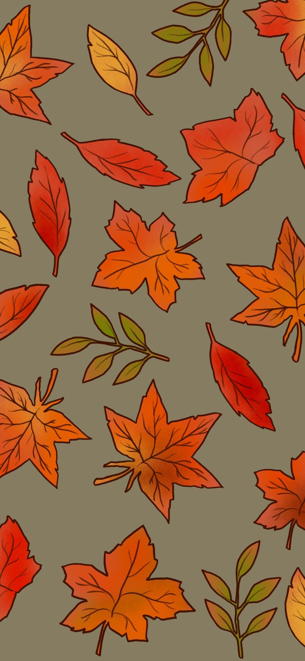 A wallpaper with orange, yellow, and green leaves on a brown background - Fall, leaves, fall iPhone