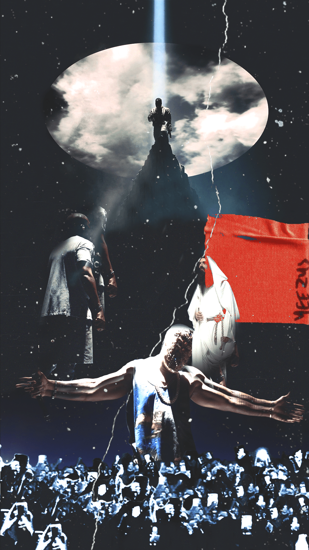 A digital collage of a figure on the cross, with a red flag in the background. - Kanye West