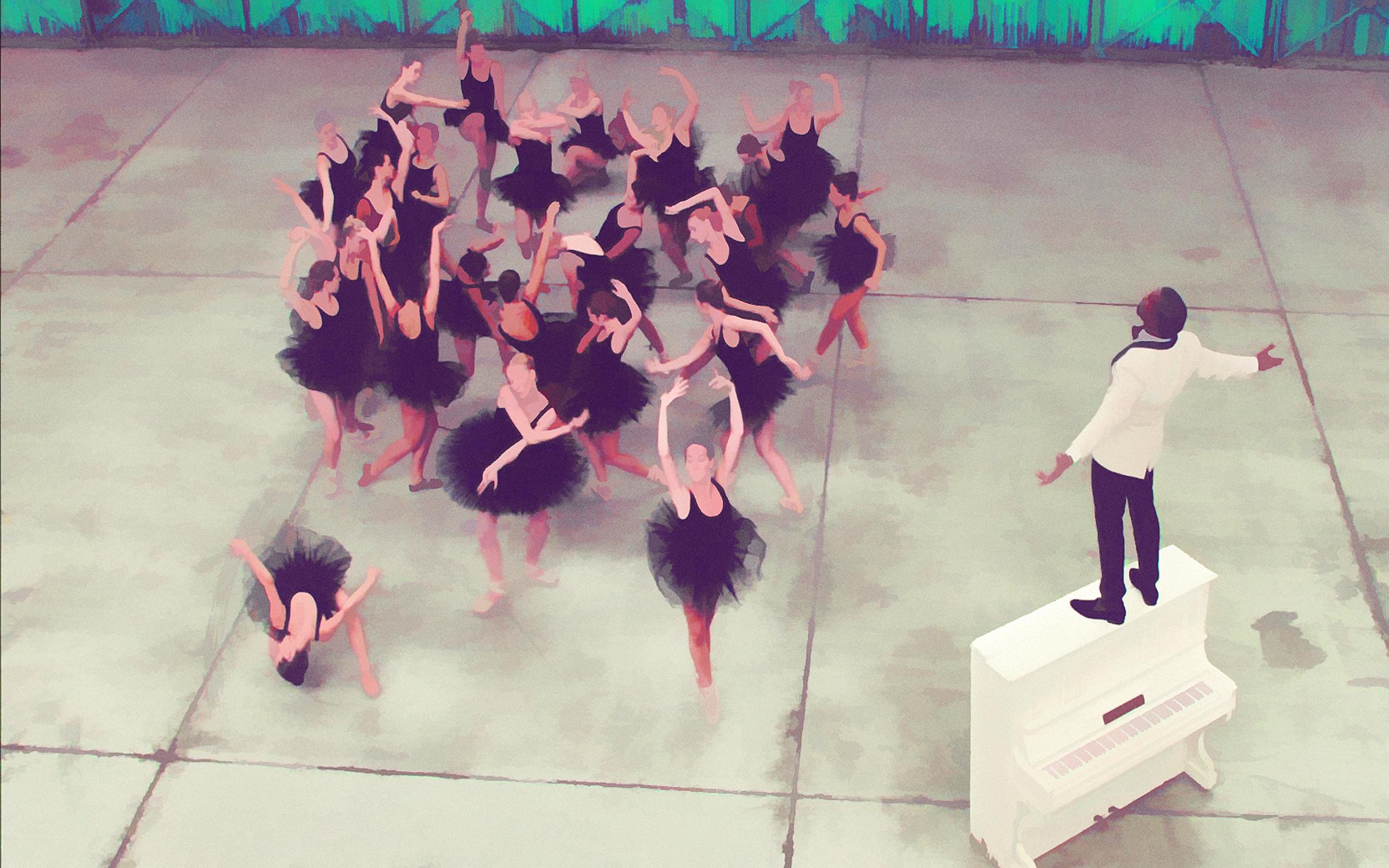 A man conducting a group of ballerinas in black tutus - Kanye West