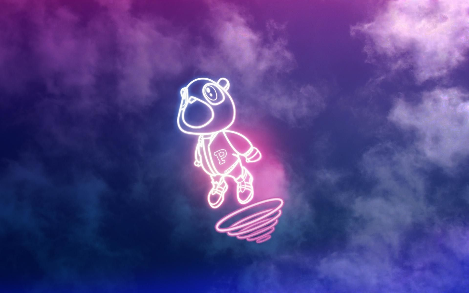 A neon bear flying in the sky - Kanye West