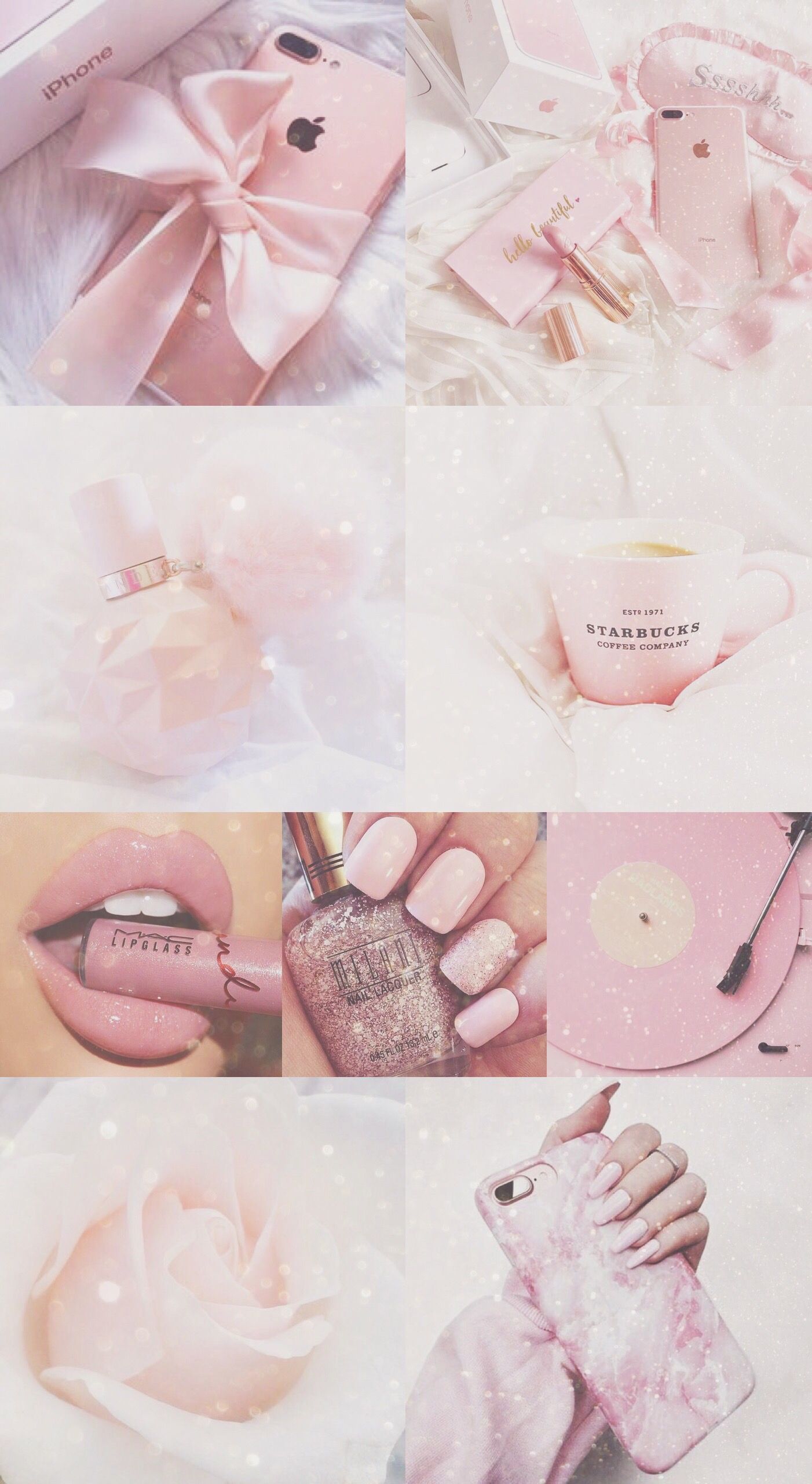 Pink aesthetic background with different pink images like a phone case, lips, nail polish, coffee cup, and a bow. - Nails