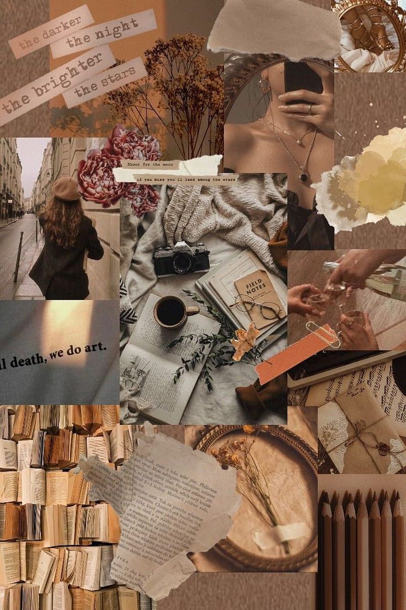 A collage of pictures with different themes - Brown, collage, paper, books