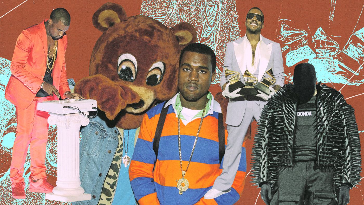 A collage of Kanye West with a bear, a person in a bear suit, and a person in a fur coat. - Kanye West