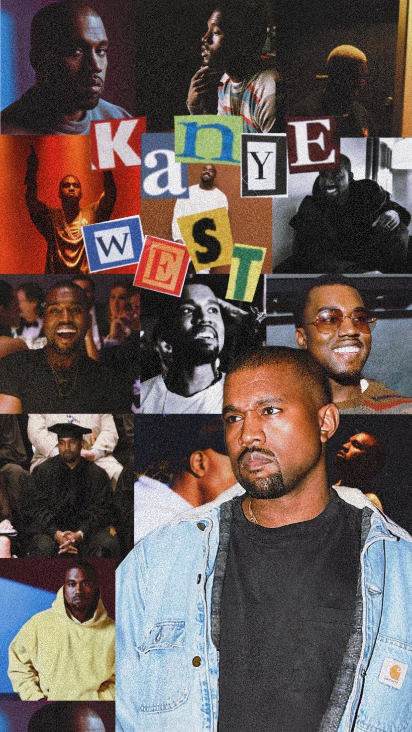 A collage of Kanye West in front of a wall of his own album covers. - Kanye West