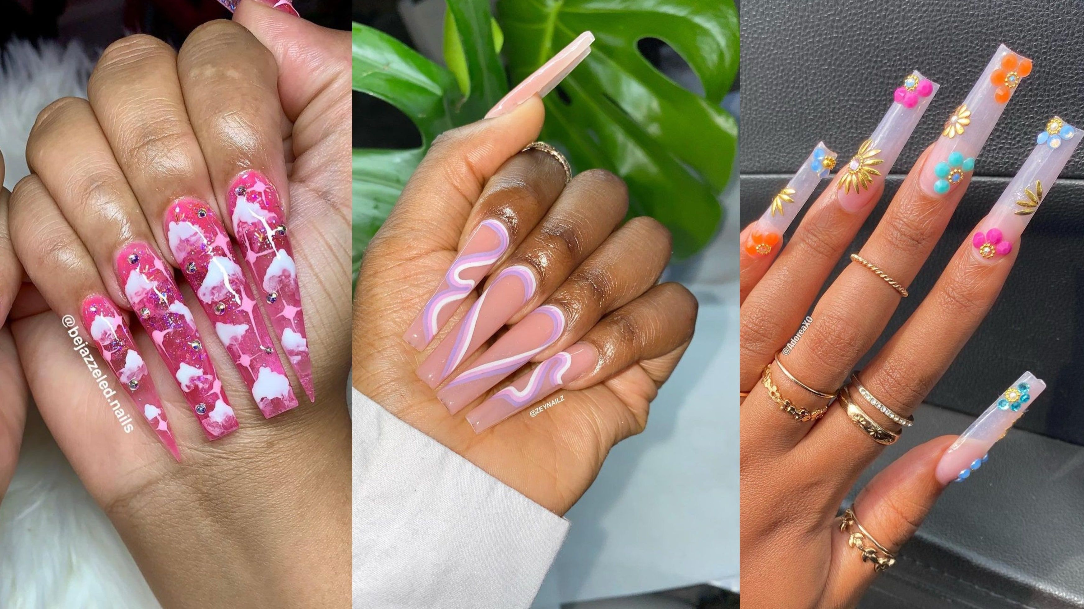 Three different sets of nails, one with a cow print design, one with clear nails with flowers and stars, and one with a clear base and hearts - Nails