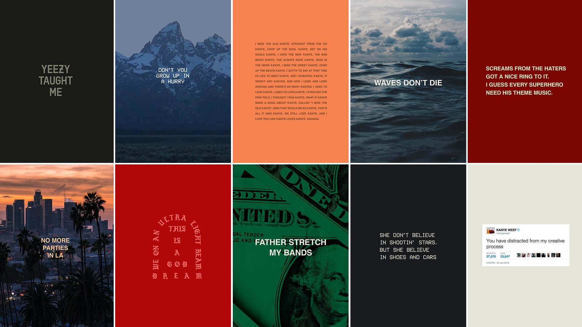 A collage of different music album covers. - Kanye West