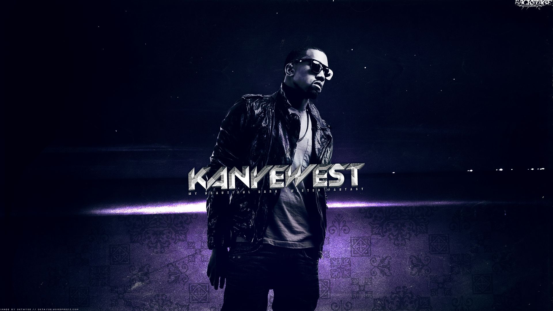 A man in black leather jacket standing on purple background - Kanye West