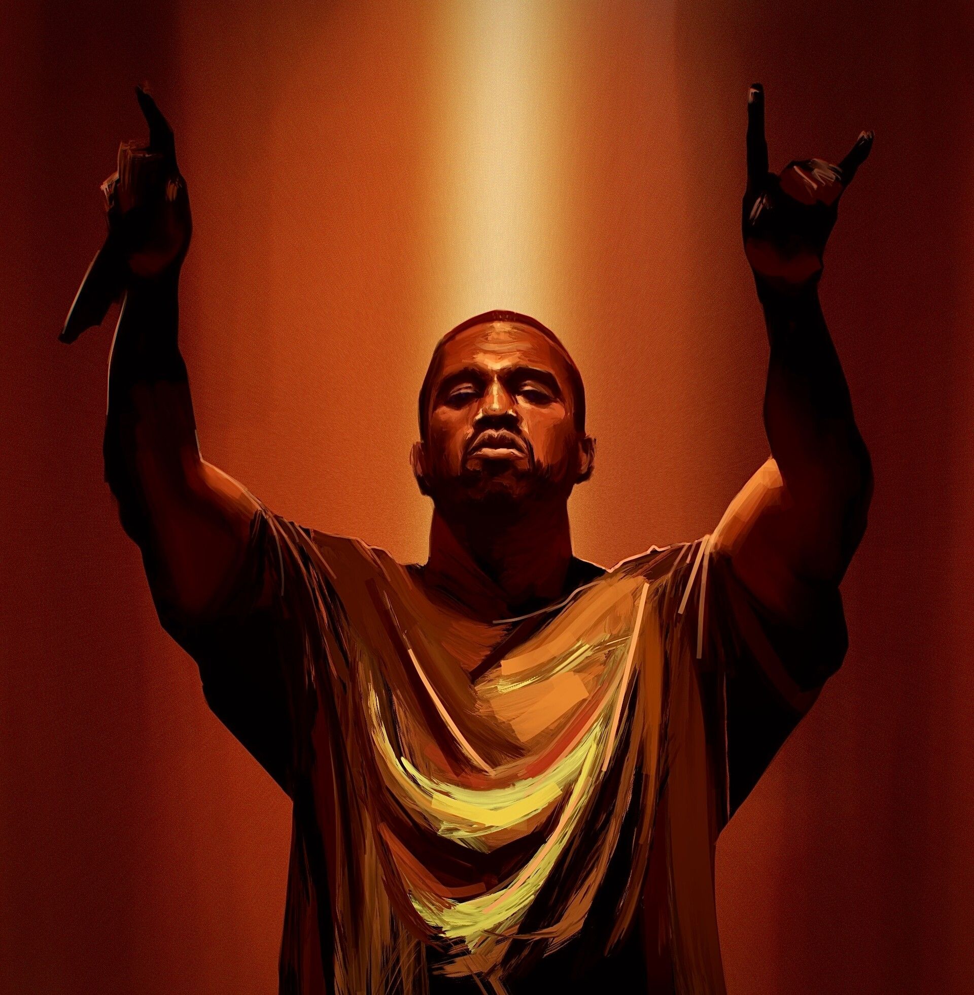 A man in an orange shirt is holding up his hands - Kanye West