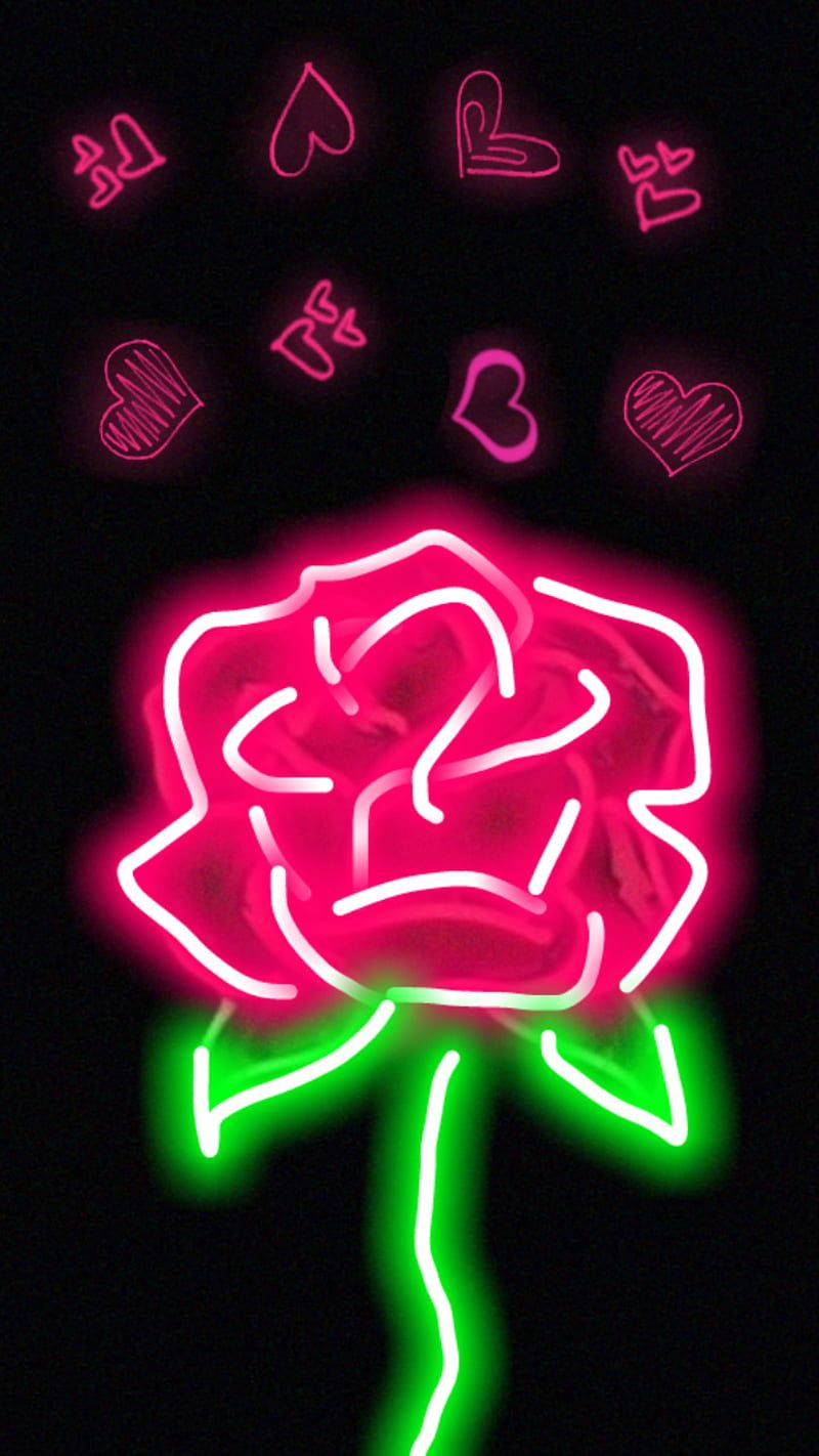A neon rose with hearts and other shapes - Valentine's Day