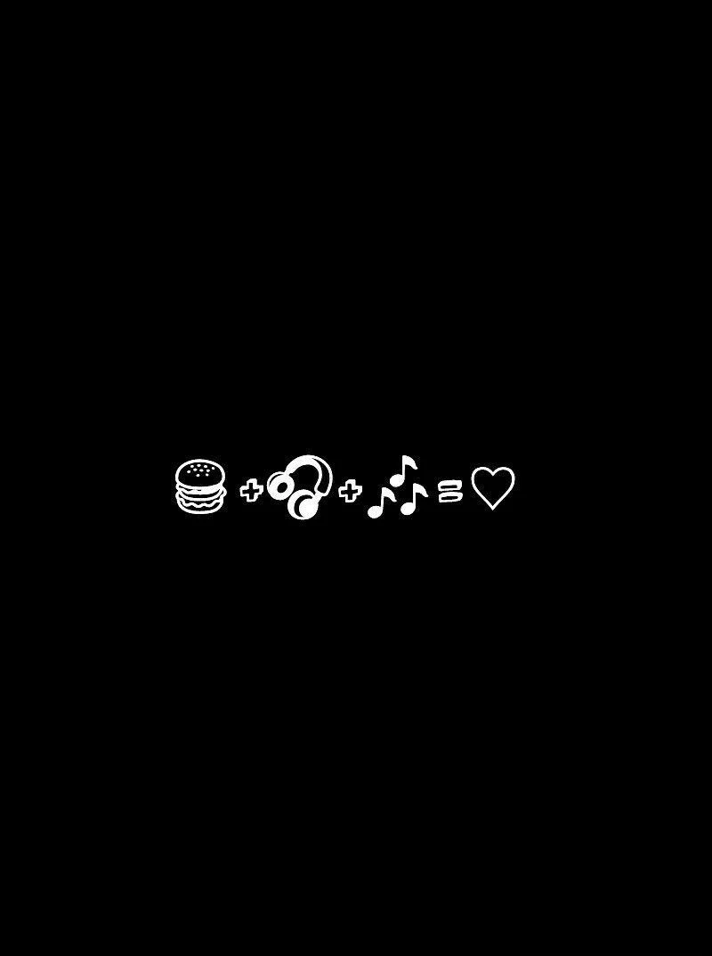 A black background with a white emoji of a burger, headphones, equals sign, music notes, and a heart - Emo
