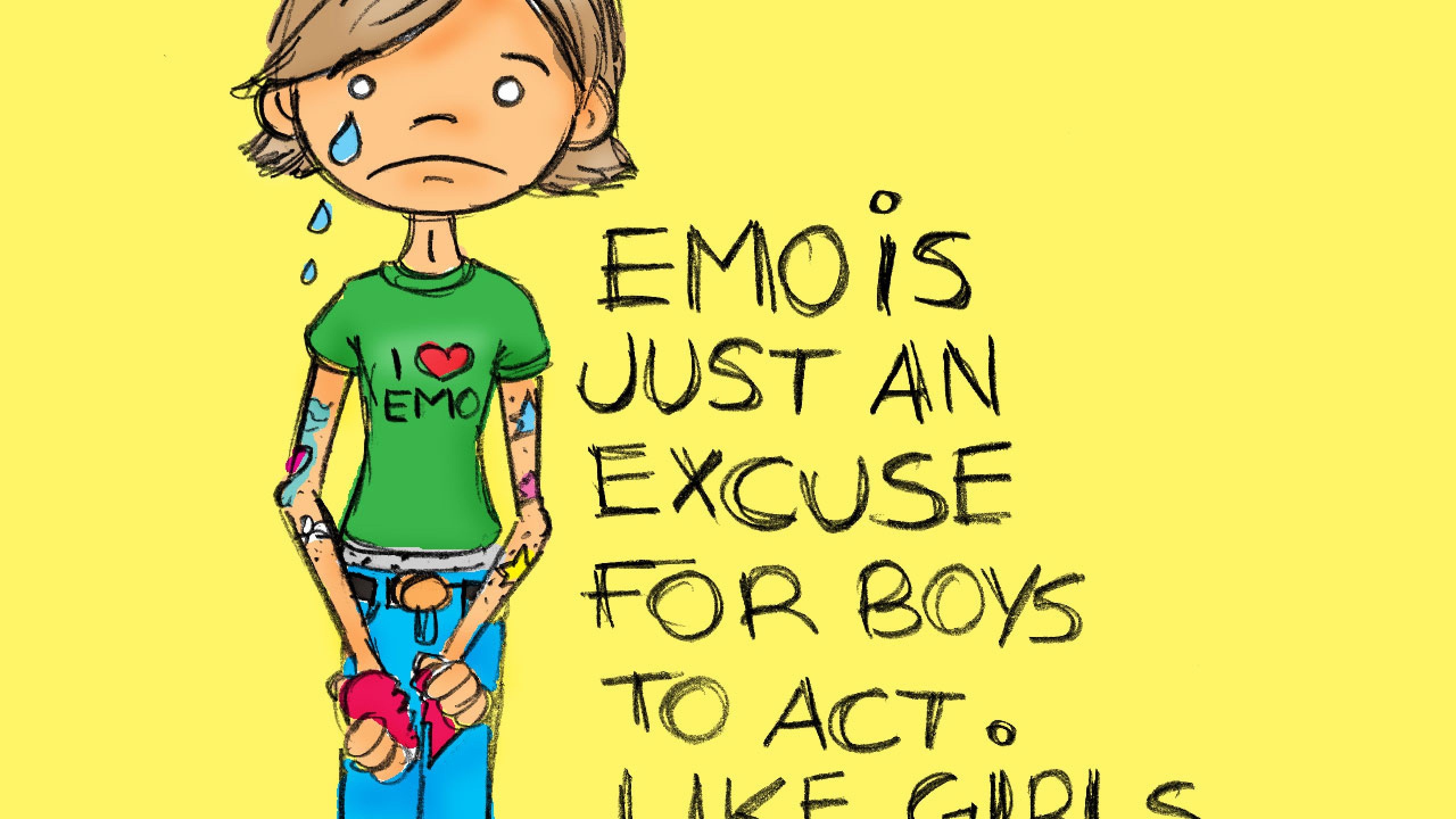 A cartoon of an emo boy with the words emotions just excuse for boys to act like girls - Emo