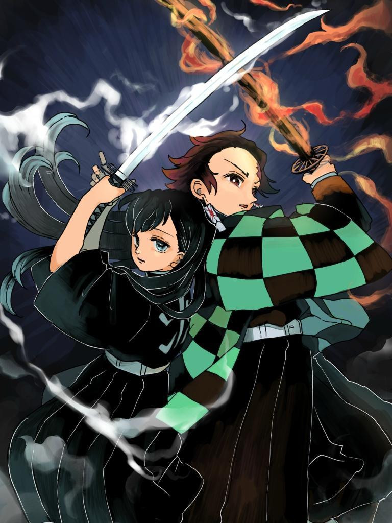 The two anime characters are holding swords in front of a flame - Demon Slayer