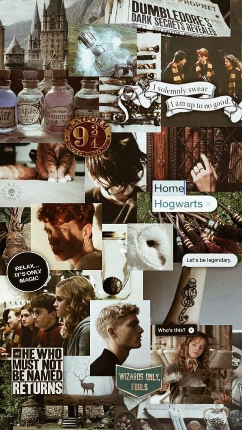 A collage of Harry Potter images including Hogwarts, bottles, and characters. - Harry Potter, Hogwarts