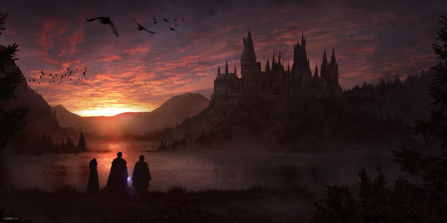 A stunning sunset over Hogwarts Castle with three silhouetted figures looking on. - Harry Potter