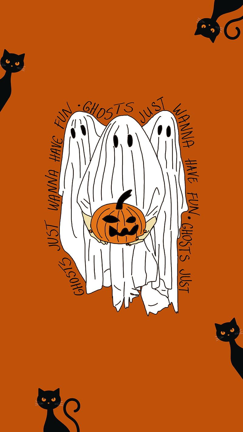 A halloween poster with three ghosts and cats - Ghost