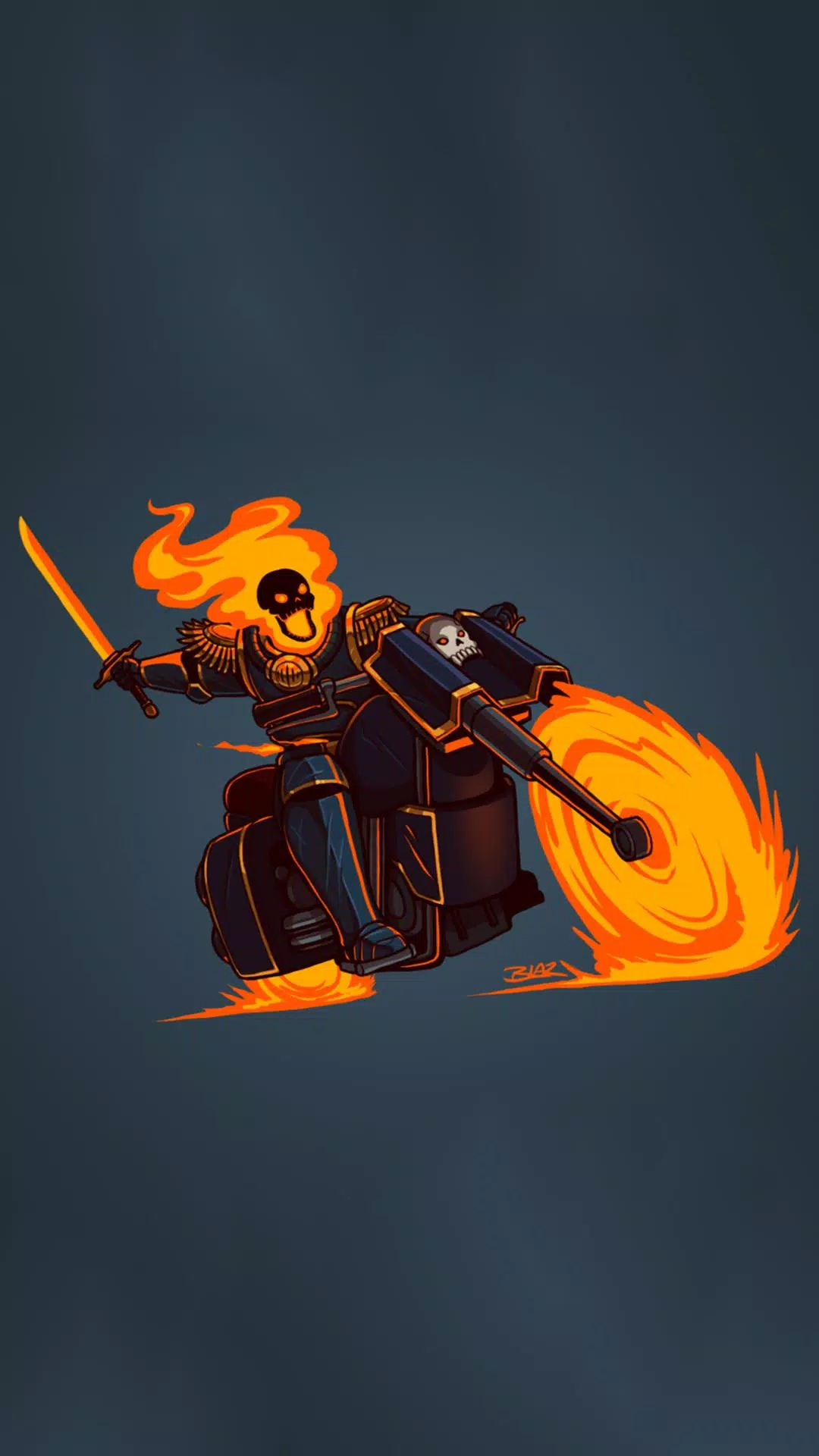 A skeleton rides a motorcycle with a flaming sword - Ghost