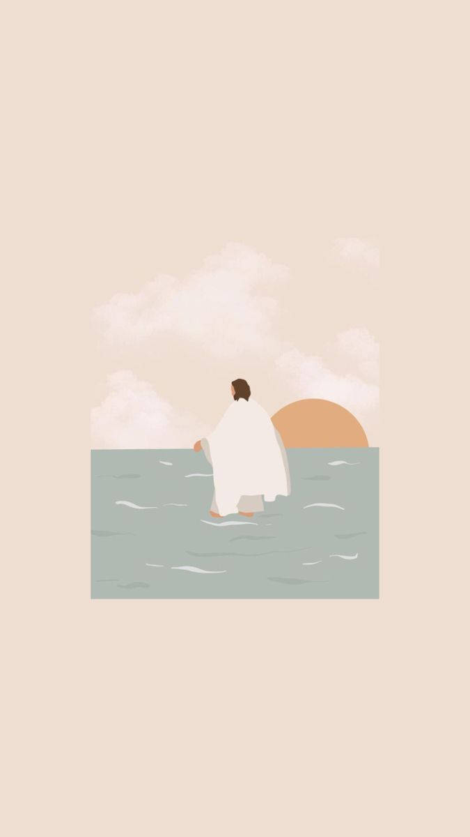 Christian wallpaper with a minimalist design of Jesus walking on water - Jesus