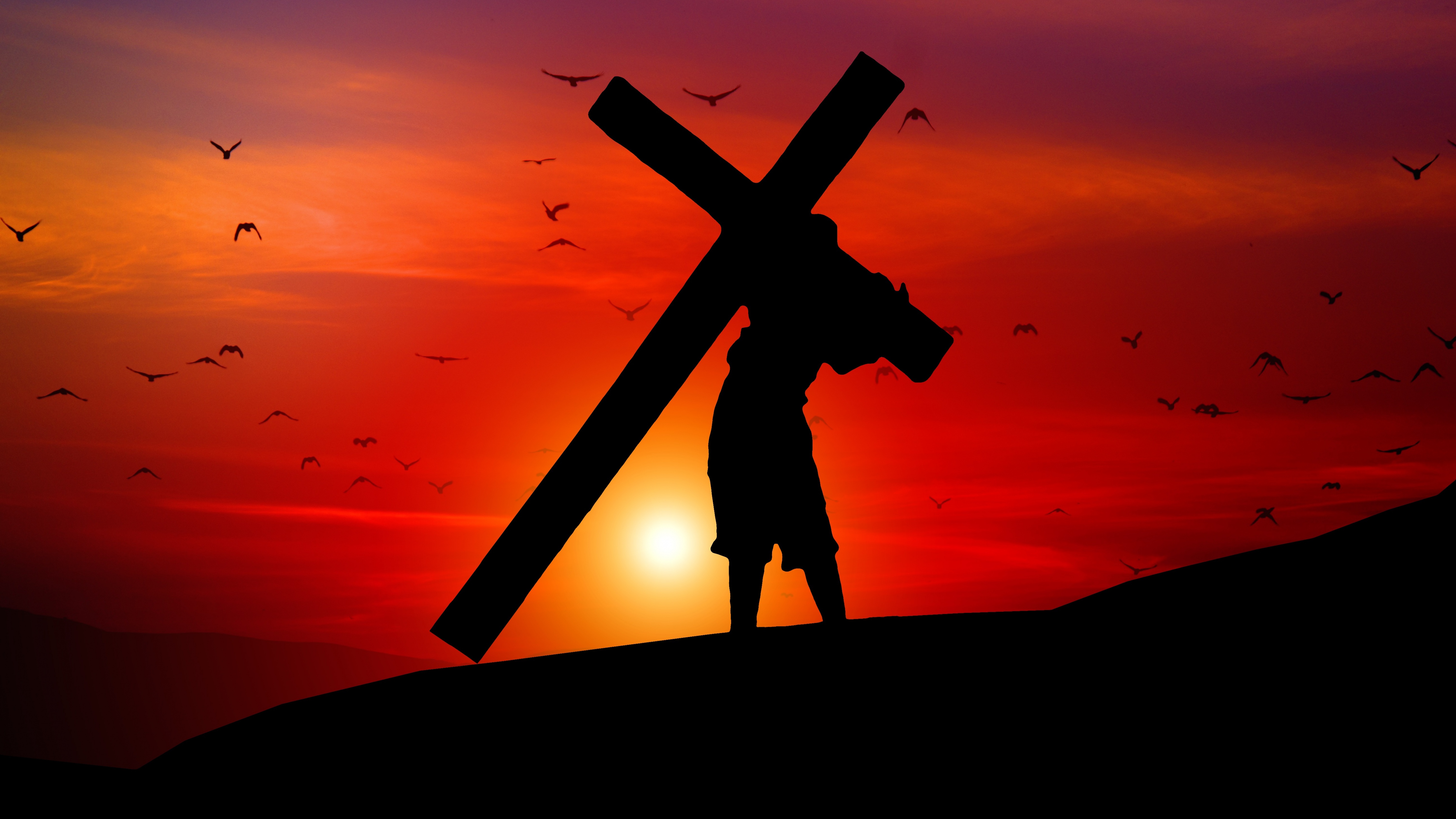 Jesus Cross Wallpaper 4K, Sunset, Orange sky, Photography