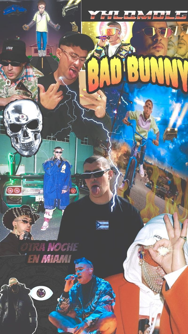 A collage of pictures with the words bad bunny - Bad Bunny