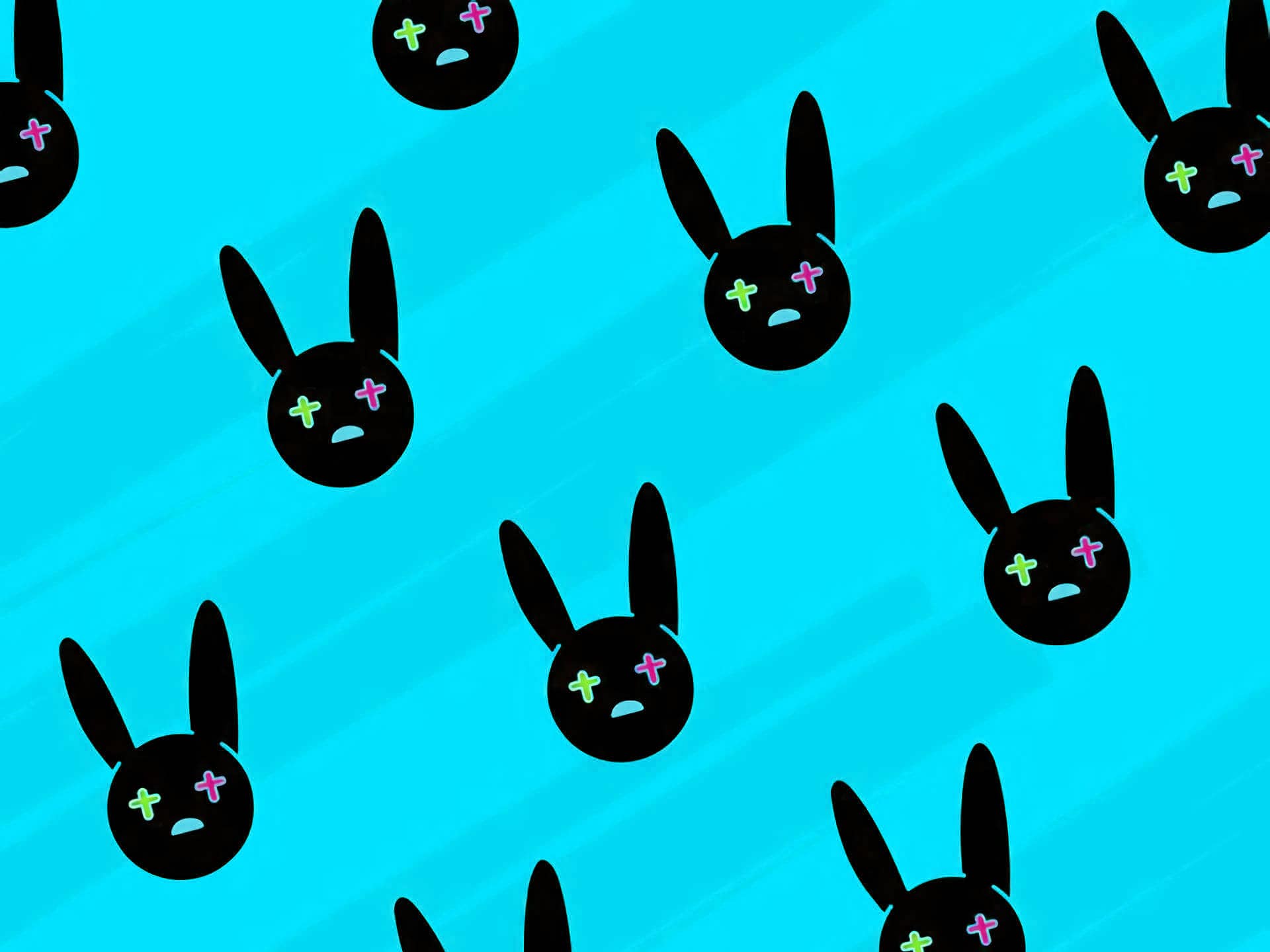 A pattern of black rabbits with a sad face and a star or cross on their foreheads against a blue background. - Bad Bunny