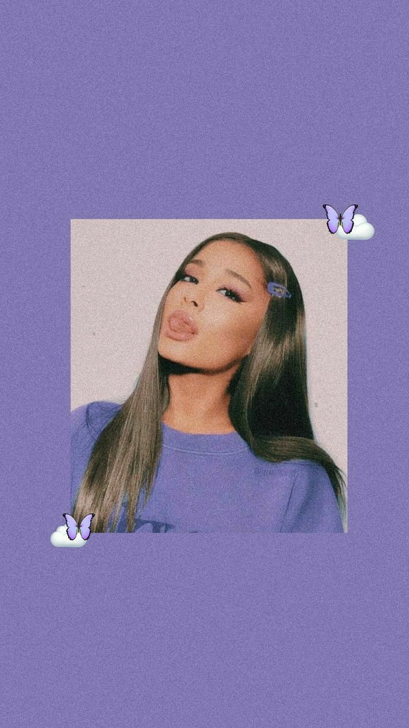 A purple aesthetic photo of Ariana Grande with butterflies and clouds - Ariana Grande