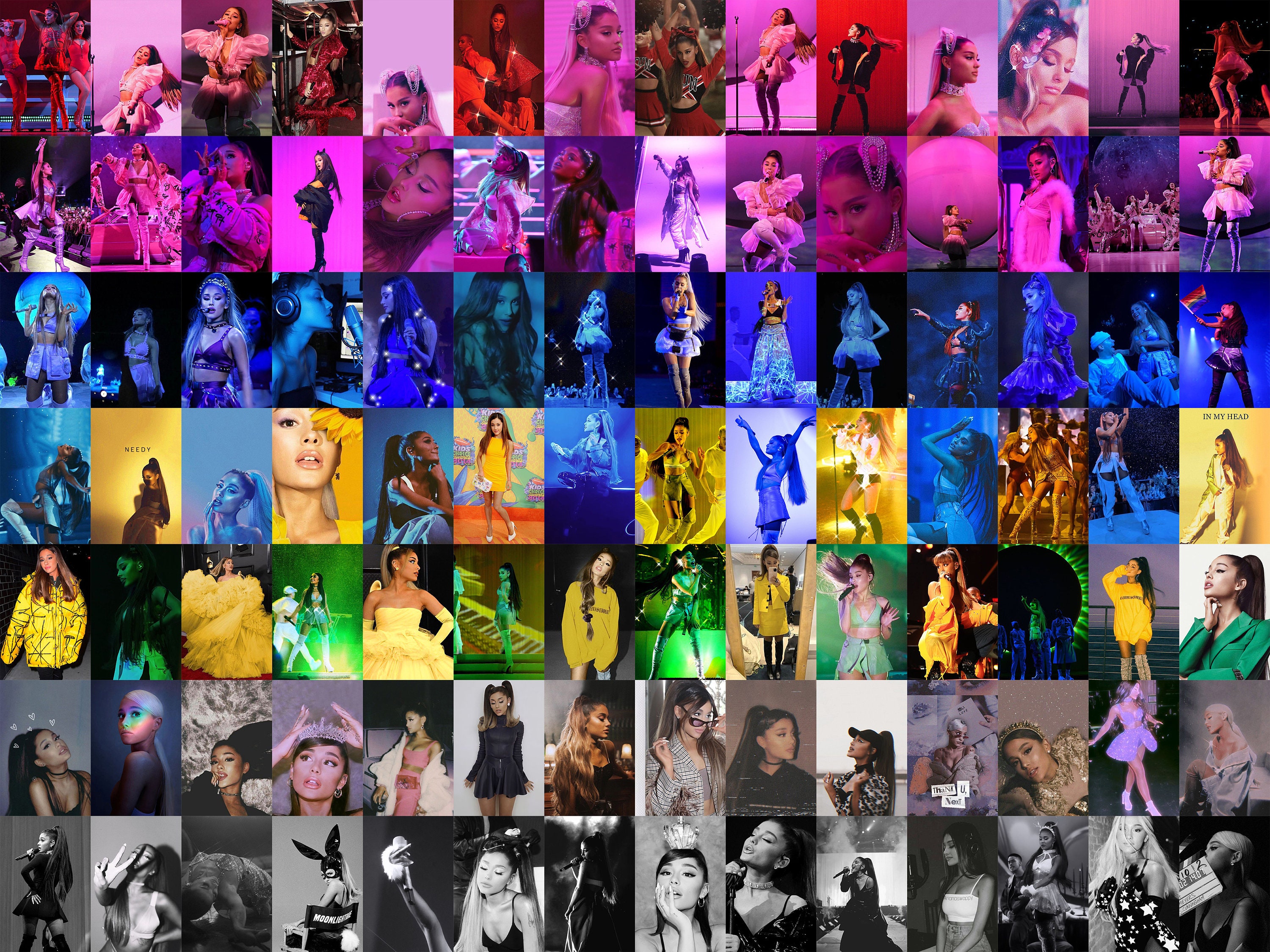 A collage of Ariana Grande in different outfits and on stage. - Ariana Grande