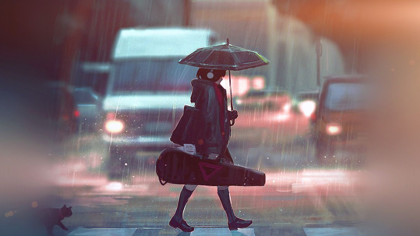 A woman walking in the rain with an umbrella and guitar case - Rain